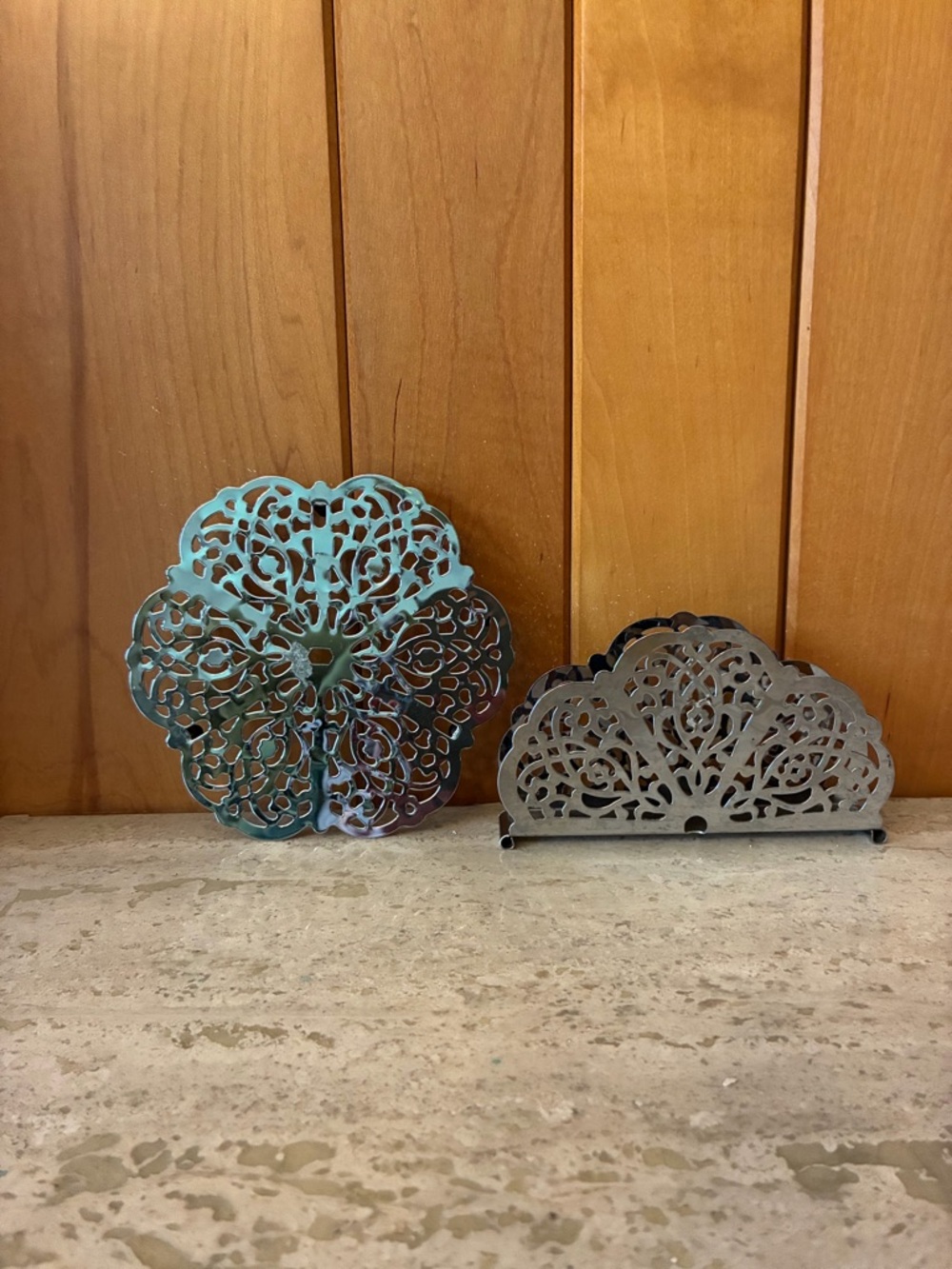 IrvinwareChrome Filigree Lattice Metal Trivet and Napkin Holder Vintage